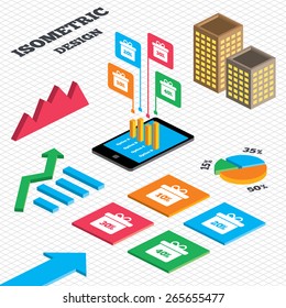 Isometric design. Graph and pie chart. Sale gift box tag icons. Discount special offer symbols. 10%, 20%, 30% and 40% percent discount signs. Tall city buildings with windows. Vector