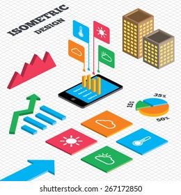 Isometric design. Graph and pie chart. Weather icons. Cloud and sun signs. Thermometer temperature symbol. Tall city buildings with windows. Vector