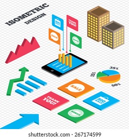 Isometric design. Graph and pie chart. Sale speech bubble icon. Thank you symbol. Bonus star circle sign. Big sale shopping bag. Tall city buildings with windows. Vector