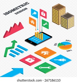 Isometric design. Graph and pie chart. Home key icon. Wrench service tool symbol. Locker sign. Main page web navigation. Tall city buildings with windows. Vector
