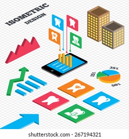 Isometric design. Graph and pie chart. Dental care icons. Caries tooth sign. Tooth endosseous implant symbol. Tooth crystal jewellery. Tall city buildings with windows. Vector