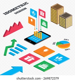 Isometric design. Graph and pie chart. Birthday party icons. Cake and gift box signs. Air balloons and fireworks rockets symbol. Tall city buildings with windows. Vector