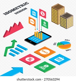 Isometric design. Graph and pie chart. Sale speech bubble icon. Discount star symbol. Big sale shopping bag sign. First month free medal. Tall city buildings with windows. Vector