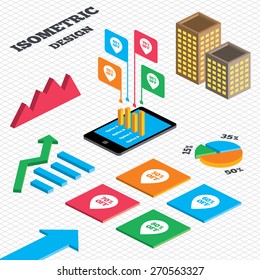 Isometric design. Graph and pie chart. Sale pointer tag icons. Discount special offer symbols. 50%, 60%, 70% and 80% percent off signs. Tall city buildings with windows. Vector