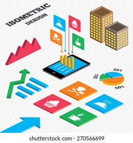 Isometric design. Graph and pie chart. Food and drink icons. Muffin cupcake symbol. Fork and spoon with Chef hat sign. Hot coffee cup. Food platter serving. Tall city buildings with windows. Vector