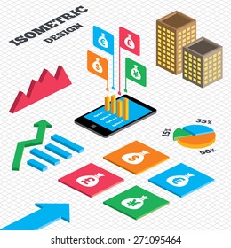 Isometric design. Graph and pie chart. Money bag icons. Dollar, Euro, Pound and Yen symbols. USD, EUR, GBP and JPY currency signs. Tall city buildings with windows. Vector