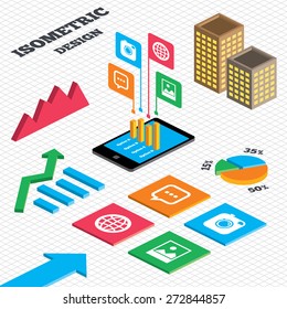 Isometric design. Graph and pie chart. Social media icons. Chat speech bubble and world globe symbols. Hipster photo camera sign. Landscape photo frame. Tall city buildings with windows. Vector