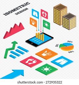 Isometric design. Graph and pie chart. Beach holidays icons. Cocktail, human footprints and swimming trunks signs. Summer sun symbol. Tall city buildings with windows. Vector