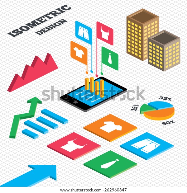 Isometric design. Graph and pie chart.\
Clothes icons. T-shirt and bermuda shorts signs. Business tie\
symbol. Tall city buildings with windows.\
Vector