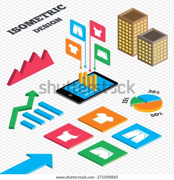 Isometric design. Graph and pie chart.\
Clothes icons. T-shirt and bermuda shorts signs. Swimming trunks\
symbol. Tall city buildings with windows.\
Vector