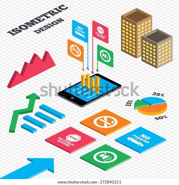 Isometric design. Graph and pie chart. Stop\
smoking and no sound signs. Private territory parking or public\
access. Cigarette symbol. Speaker volume. Tall city buildings with\
windows. Vector
