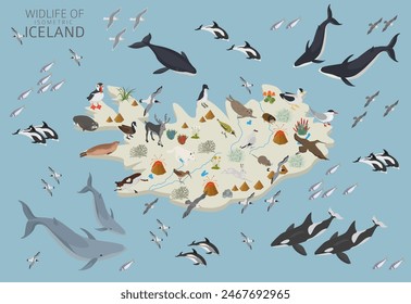 Isometric design of Iceland wildlife. Animals, birds and plants constructor elements isolated on white set. North Atlantic nature. Vector illustration