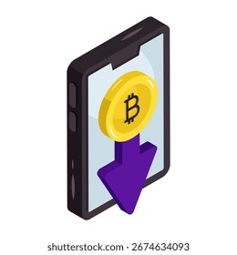 A isometric design icon of mobile bitcoin