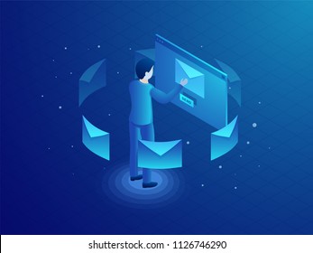 Isometric design with illustration of man sending mail from computer for Email concept.