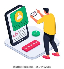 An isometric design illustration  of mobile profile login

