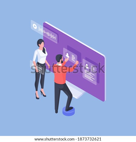 Isometric design of image with formal man and woman creating Internet webpage with personal profiles and message sharing on blue background