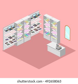 Isometric design interior of cosmetics shop vector