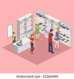 Isometric design interior of cosmetics shop with customers vector illustration