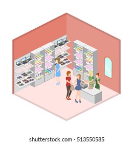 Isometric design interior of cosmetics shop with customers vector illustration