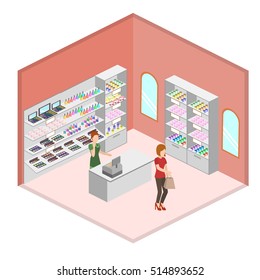 Isometric design interior of cosmetics shop with customers vector illustration