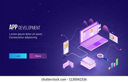 Isometric design of laptop connected with smartphone for mobile app testing concept based landing page design for App Development. Isometric design of laptop connected with smartphone for mobile app testing concept based landing page design for App Development.