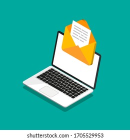 Isometric design of laptop with envelope and document on screen. Getting or send new letter. E-mail, email marketing, internet advertising concepts in trendy style. Vector illustration.	