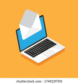 Isometrisches Design von Laptop mit Umschlag und Dokument auf Bildschirm. Neues Schreiben erhalten oder senden. E-Mail, E-Mail-Marketing, Internet-Werbekonzepte im trendigen Stil. Vektorgrafik.