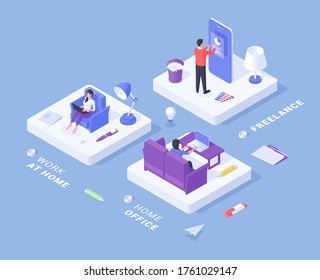 Isometric design of male and female characters using contemporary devices and doing freelance job while working from home on blue background