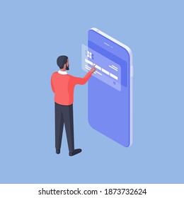 Isometric design of male using smartphone and giving access to credentials of bank card while using modern bank application on blue background