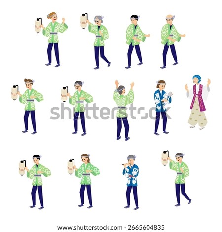 Isometric design material featuring festival participants wearing happi coats, including people holding lanterns and playing musical instruments.