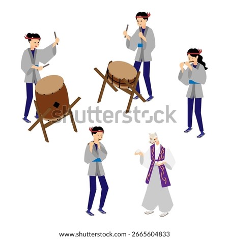 Isometric design materials featuring people for stage performances, such as people playing Japanese drums and performers wearing fox masks.