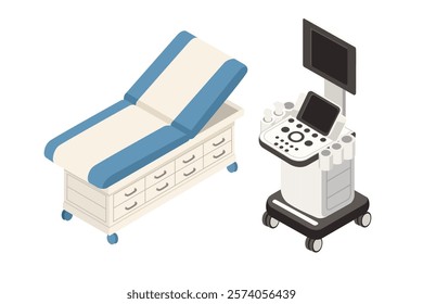 Isometric design Medical ultrasound machine with a patient bed. Modern hospital diagnostic equipment. Great for healthcare visuals, equipment catalogs, or hospital branding. Vector illustration