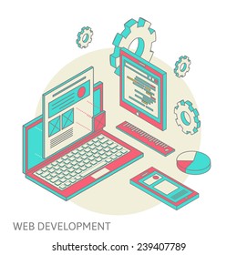 Isometric design of mobile and desktop website design development process, vector illustration
