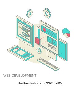 Isometric design of mobile and desktop website design development process, vector illustration