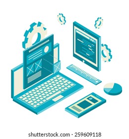 Isometric design of mobile and desktop website design development process, vector illustration