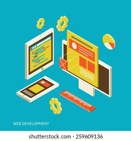 Isometric design of mobile and desktop website design development process, vector illustration