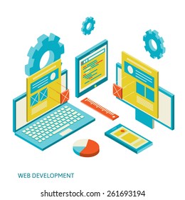 Isometric design of mobile and desktop website design development process, vector illustration