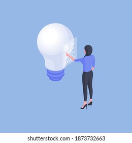 Isometric design of modern female employee with paper file revising report while having idea with light bulb on blue background