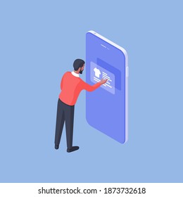 Isometric design of modern male using mobile phone and modern shopping application and choosing t shirt isolated on blue background
