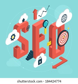 Isometric design modern vector illustration concept of SEO word with icons of success internet searching optimization process