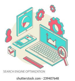 Isometric design modern vector illustration concept of website analytics and SEO data analysis using modern electronic and mobile devices