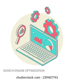 Isometric design modern vector illustration concept of website analytics and SEO data analysis using modern electronic and mobile devices