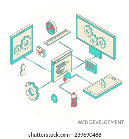 isometric design modern vector illustration concept of website analytics search information and computing data analysis using modern electronic and mobile devices