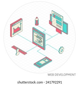 isometric design modern vector illustration concept of website analytics search information and computing data analysis using modern electronic and mobile devices