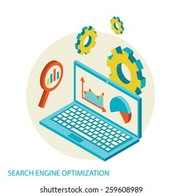 Isometric design modern vector illustration concept of website analytics and SEO data analysis using modern electronic and mobile devices