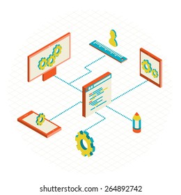 isometric design modern vector illustration concept of website analytics search information and computing data analysis using modern electronic and mobile devices