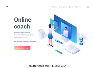 Isometric design of modern website banner with colorful icons and people offering course of online coach isolated on white background