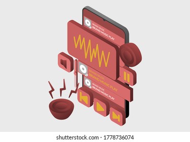 Isometric design - music play button on, speaker aktif concept music on tablet monitor , playlist sign template
