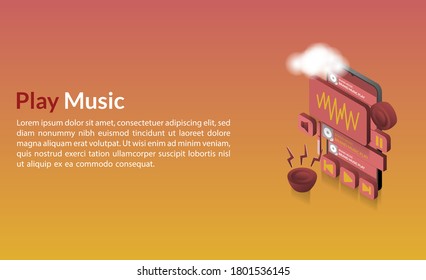 Isometric design - music play button on, speaker aktif concept music on tablet monitor , playlist sign template background banner landing page 3d realistic 
