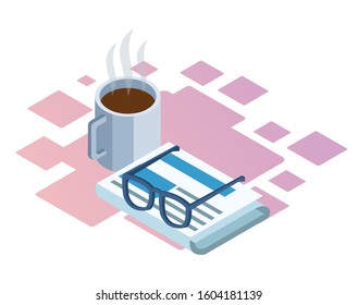 isometric design of newspaper, coffee mug and glasses over white background, vector illustration